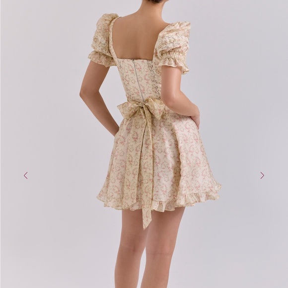 House of cb Melita Cream Floral Print Chiffon Puff Sleeve Mini Dress - Picture 4 of 5